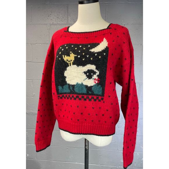 Vintage Woolrich Sheep Moon Novelty Knit Wool Sweater Red Black Medium Large - Picture 12 of 13